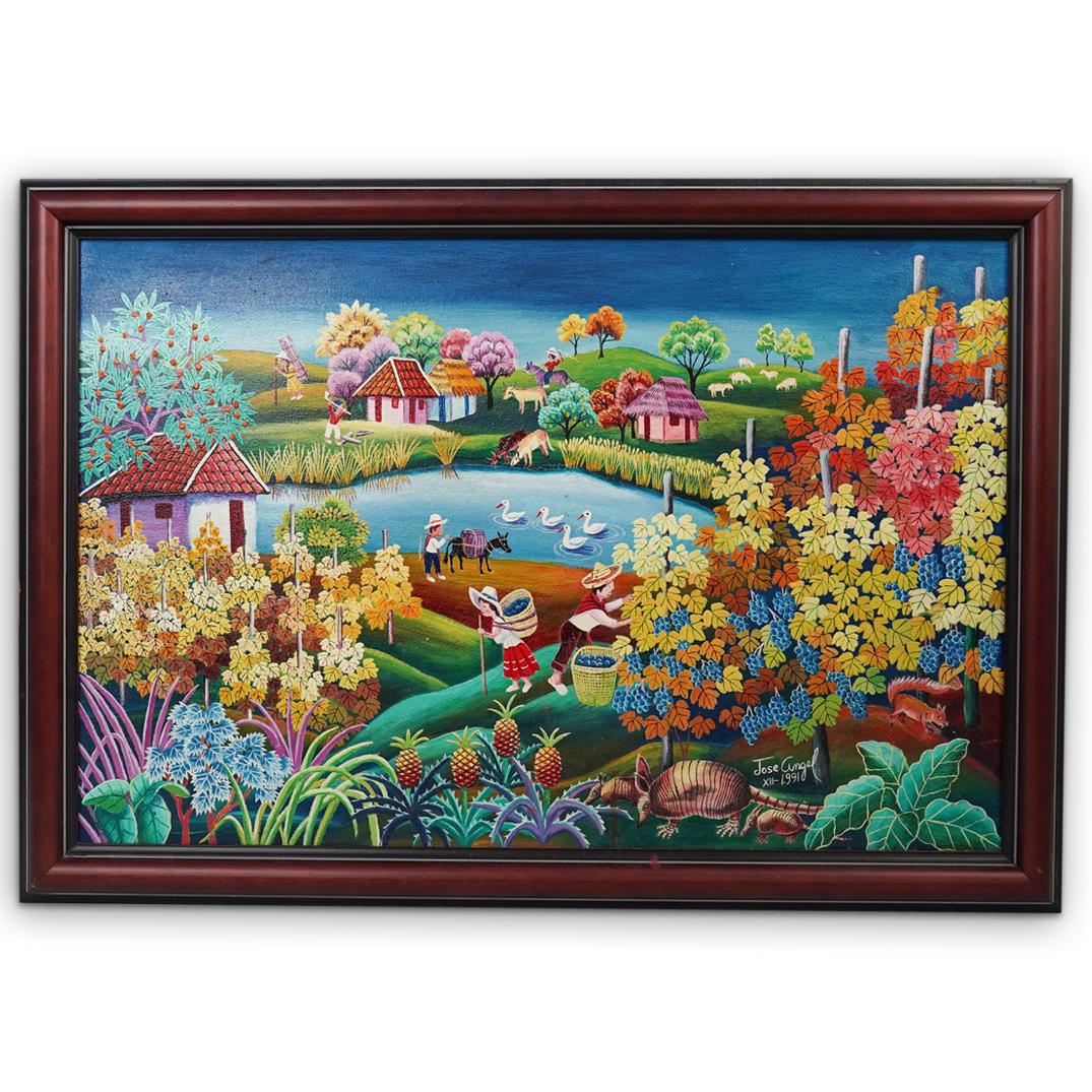 Jose Angel (Columbian, 20th Century) Oil on Canvas: DESCRIPTION: A Colombian painting by Jose Angel depicts a village scene with figures performing everyday task, executed in vibrant hues. Signed "Jose Angel". CIRCA: 20th Cent. ORIGIN: Colombian DIMENS
