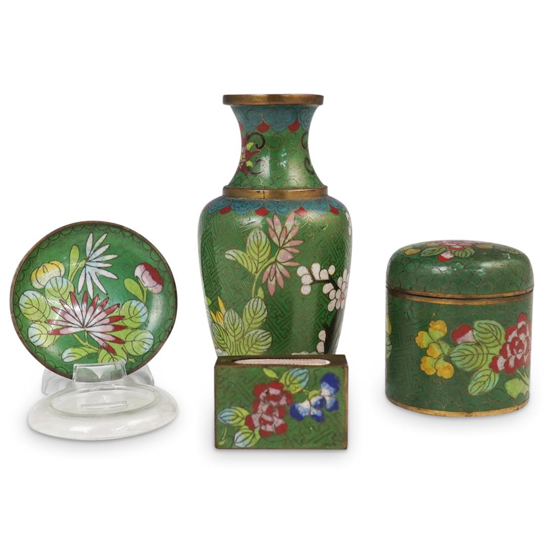 (4 Pc) Antique Chinese Green Cloisonne Grouping (1 of 5)