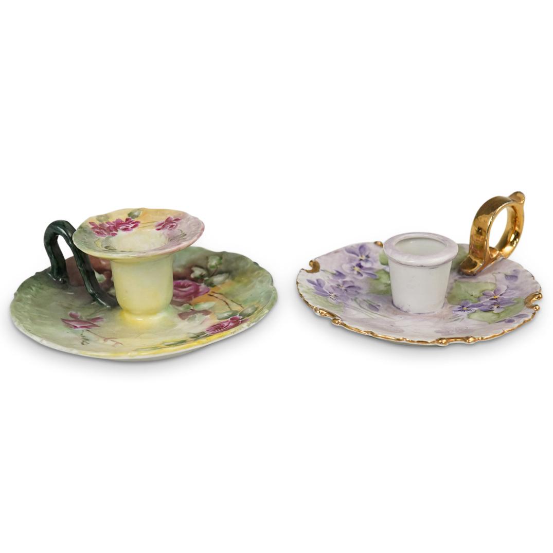 (2 Pc) Pair of Porcelain Chamberstick Candle Holders (1 of 3)