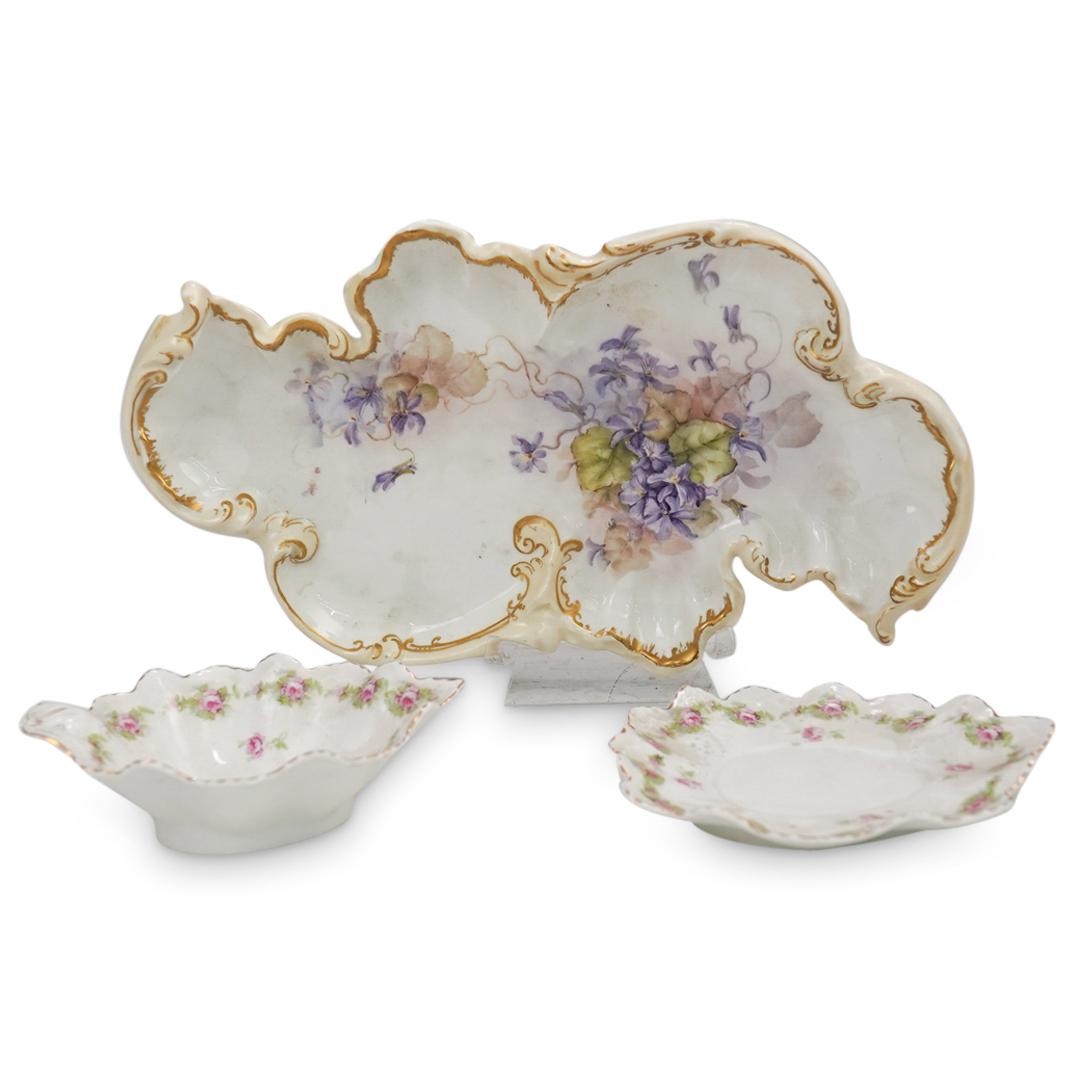 (3 Pc) Austria MZ Porcelain Grouping: DESCRIPTION: (3 Pc) Porcelain Grouping of Antique Austrian Moritz Zdekauer MZ porcelain hand painted floral porcelain plate bowl with matching underplate and a large ornate porcelain leaf shaped dish