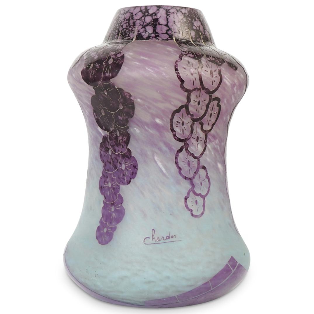 Antique French Charder Cameo Glass Vase: DESCRIPTION: Antique french Charles Schneider - Charder - Glass vase "Lavandes". Art Deco cameo glass vase, side marked "Charder" (Charles Schneider, French, working 1918-1939), base stamped "France".