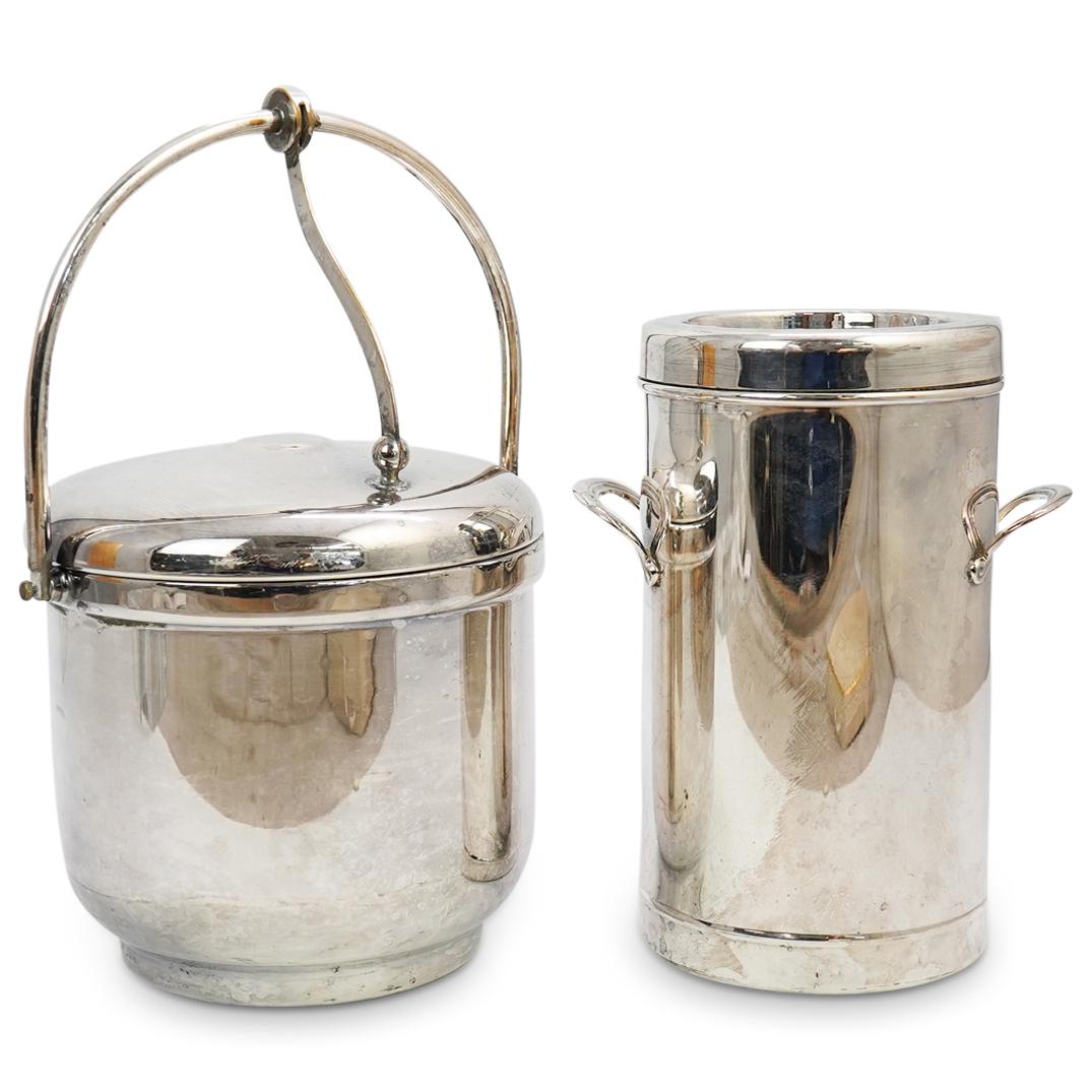 (2Pc) Silver Plated Ice Bucket & Wine Cooler: DESCRIPTION: The Sheffield Silver Co. Silver Plated Ice Bucket. Designed with mechanical hinged lid cover. Marked "The Sheffield Silver Co." on bottom. (H: 9" W: 5") (1) An Olri Silver Plated one bott