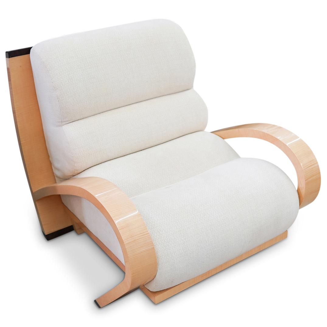 James Rosen X Enrique Garcel X Pace Armchair: DESCRIPTION: James Rosen designed, Enrique Garcel labeled for Pace armchair. Features a light colored wood foundation with glossy lacquered finish and cream colored upholstery. Finished with curved wo