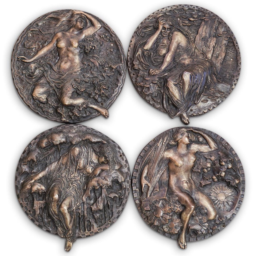 (4Pc) Four Seasons Figural Bronze Plaque Set (1 of 6)