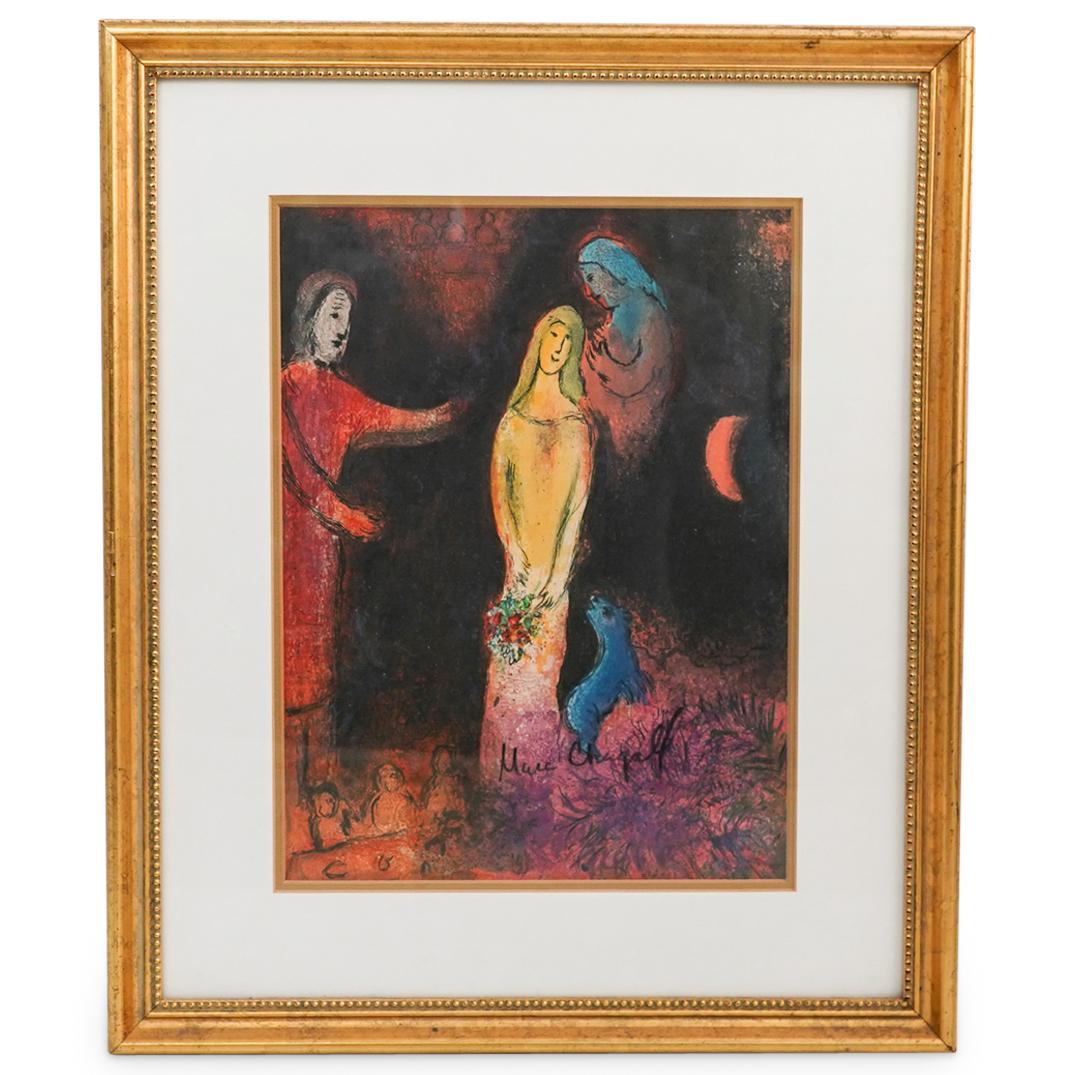 Marc Chagall Pencil Signed Lithograph Print: DESCRIPTION: Marc Chagall "Chloe is dressed and Braided by Cleariste, from Daphnis and Chloe" pencil signed lithograph print. CIRCA: 20th Century. DIMENSIONS: H: 18" W: 15". CONDITION: Good condition.