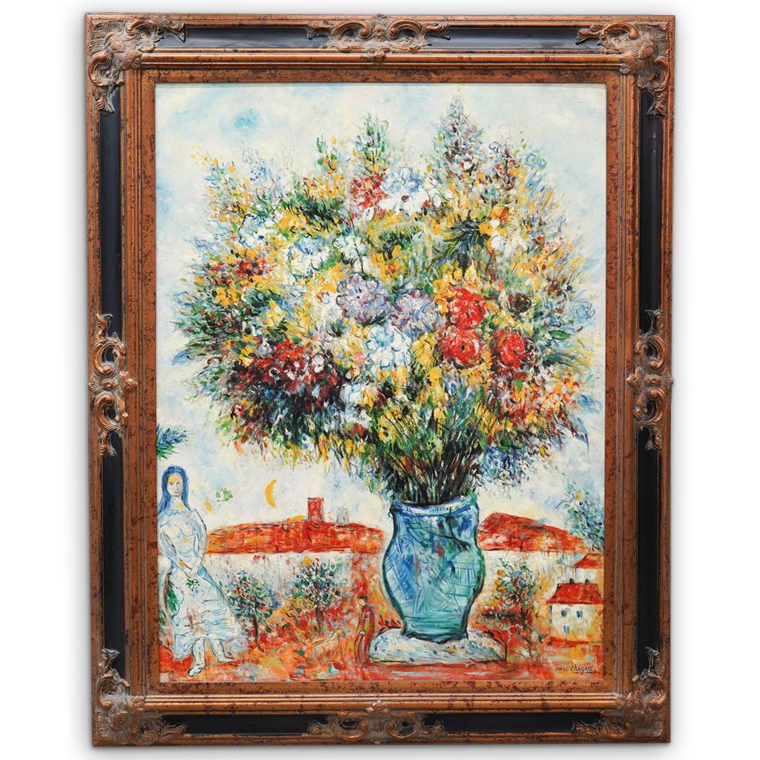 After Marc Chagall (Russian-French, 1887-1985) "In The: DESCRIPTION: After Marc Chagall (Russian-French) Oil on canvas painting titled: "In The Garden" features a bold multicolored floral bouquet with accenting figural and townscape scenes. Signed lower ri