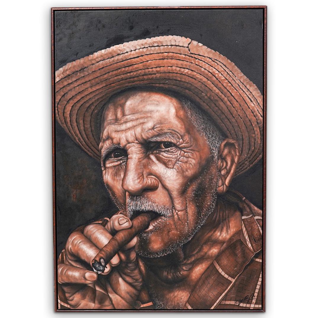 Cuban Cigar Oil On Canvas: DESCRIPTION: Cuban figural oil on canvas painting, featuring the portrait depiction of an aged cuban man enjoying a cigar, executed in a photorealistic style. Signed lower right Mounted in a brown woo
