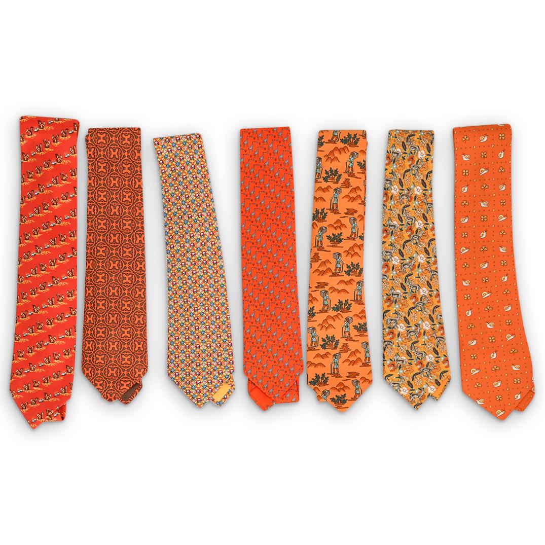 (7 Pcs) Hermes Silk Necktie Group - Orange Pattern (1 of 11)