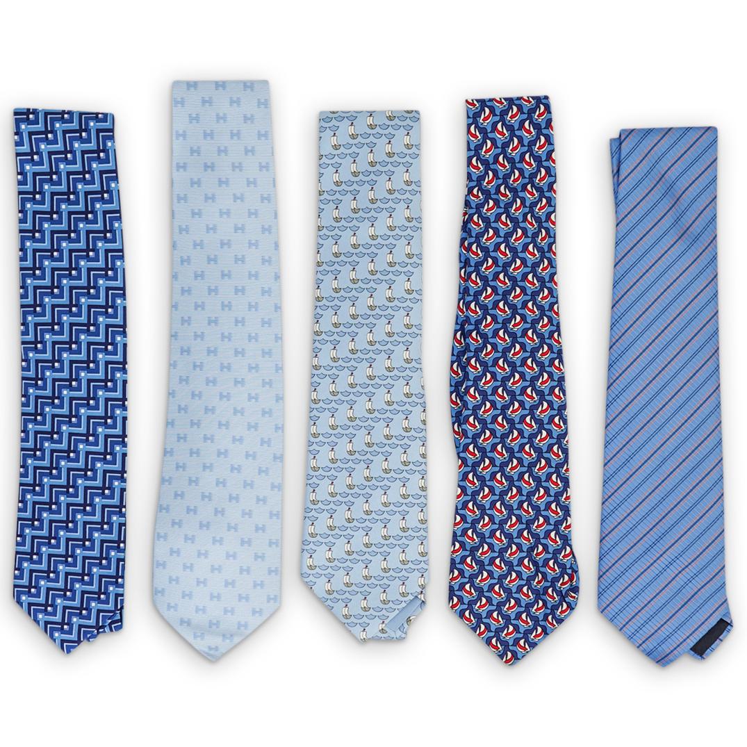 (5 Pcs) Hermes Silk Necktie Group - Blue Pattern (1 of 8)