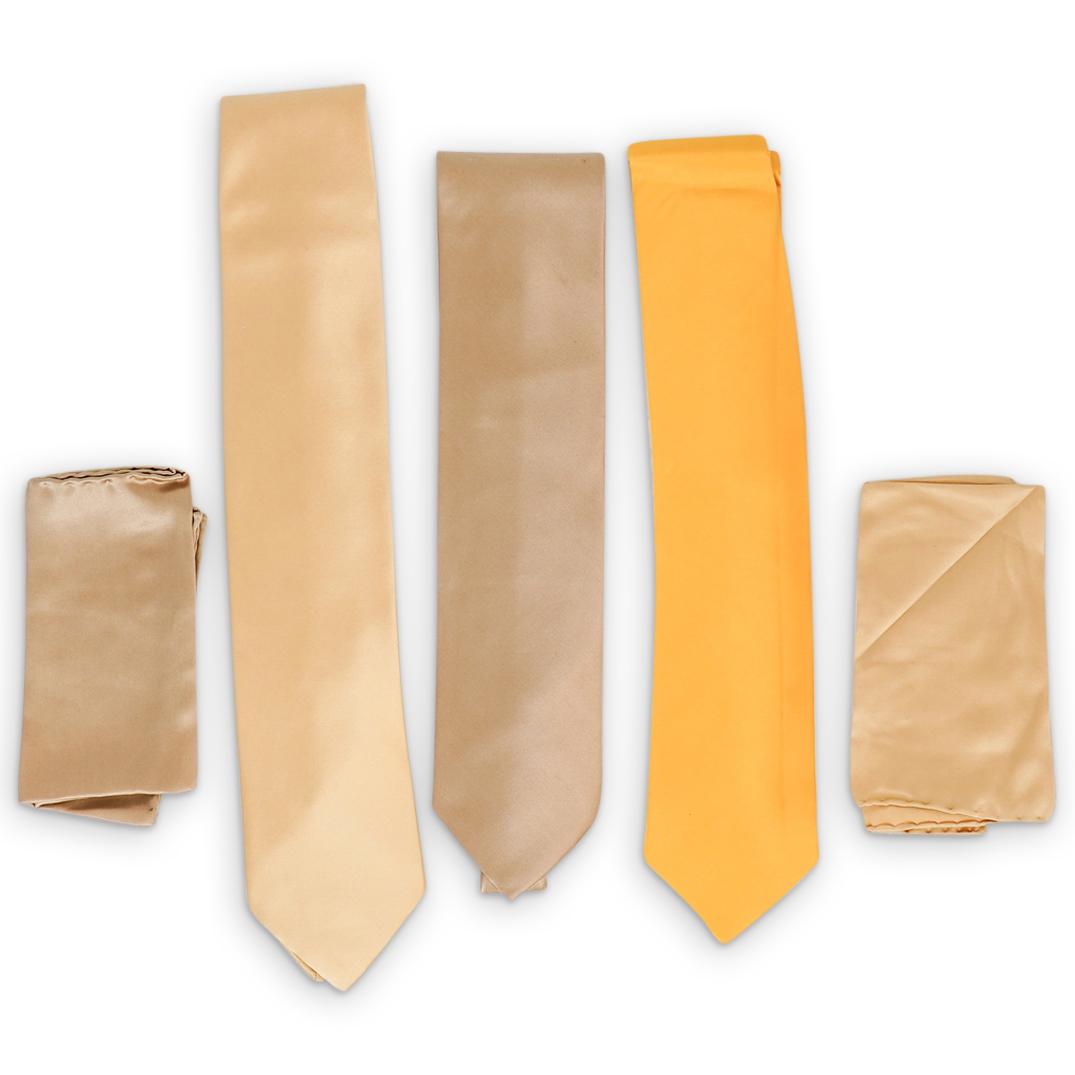 (5 Pcs) Brioni Silk Necktie Group: DESCRIPTION: (4 pcs) Brioni Silk Necktie Grouping of Silk Ties and Pocket Square. This set includes three (3) Silk ties in solid beige, yellow and camel colors and (2) pocket square in matching beige