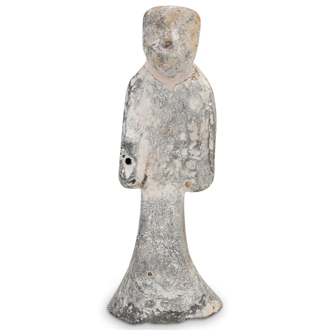 Chinese Han Dynasty Terracotta Court Lady Figure: DESCRIPTION: Han Dynasty Figure of a Standing Courtesan. Lacking right hand. Tomb figurine. (Ref. C12) CIRCA: Possibly 206 B.C.- 220 A.D. PERIOD: Han Dynasty. ORIGIN: China. PROVENANCE: From the Estat