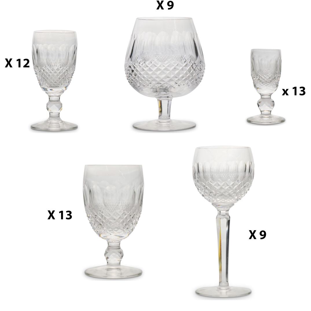 (56 Pc) Waterford Glassware Set: DESCRIPTION: A 56-piece Waterford Colleen glassware set comprising of wine glass and glasses. Set includes: (9 Pc) Waterford Colleen large brandy glasses- H:5 1/8 " W: 3 1/4". (9 Pc) Waterford Colleen