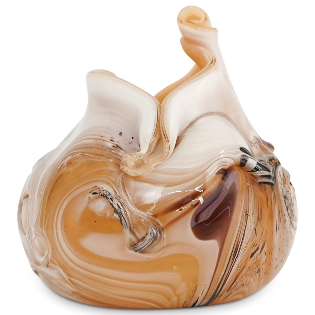 Murano Carmel Glass Modern Art Glass Vase: DESCRIPTION: Murano Carmel Glass Mid Century Modern Art Glass Vase. This is a stunning signed art glass piece in caramel, white, purple and black glass, and further embellished with gold sparkle accen