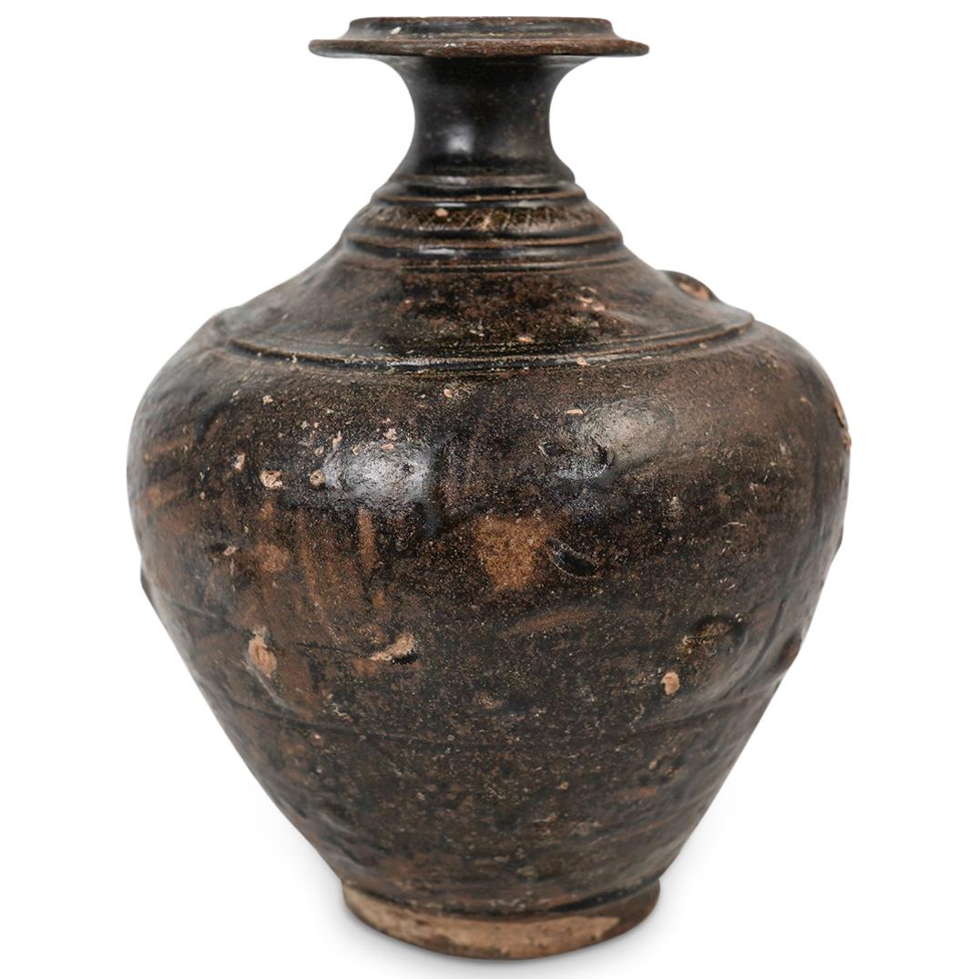 Large Ancient Khmer Pottery Brown Glazed Baluster Vase (1 of 7)