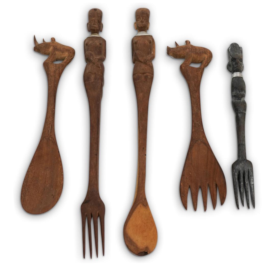 (5Pc) African Carved Figural Serving Utensils (1 of 8)