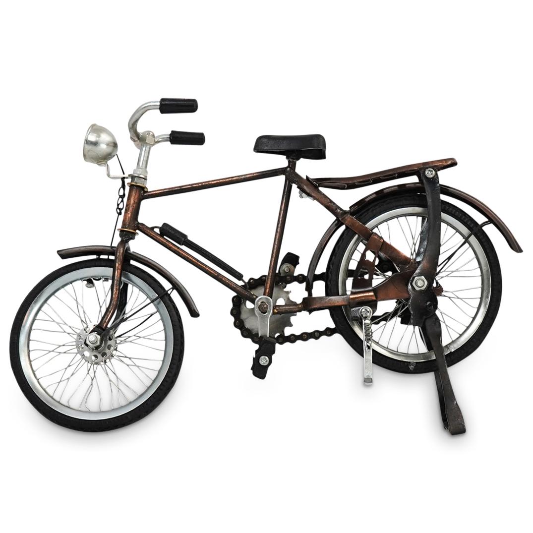 Mid-Century Collectible Retro Bike Scale Model: DESCRIPTION: Mid-Century Collectible Retro Bike Scale Model. Collectible Handmade Metal Scale model of a retro city bicycle figurine in rust copper color with moving parts such as operating wheels and