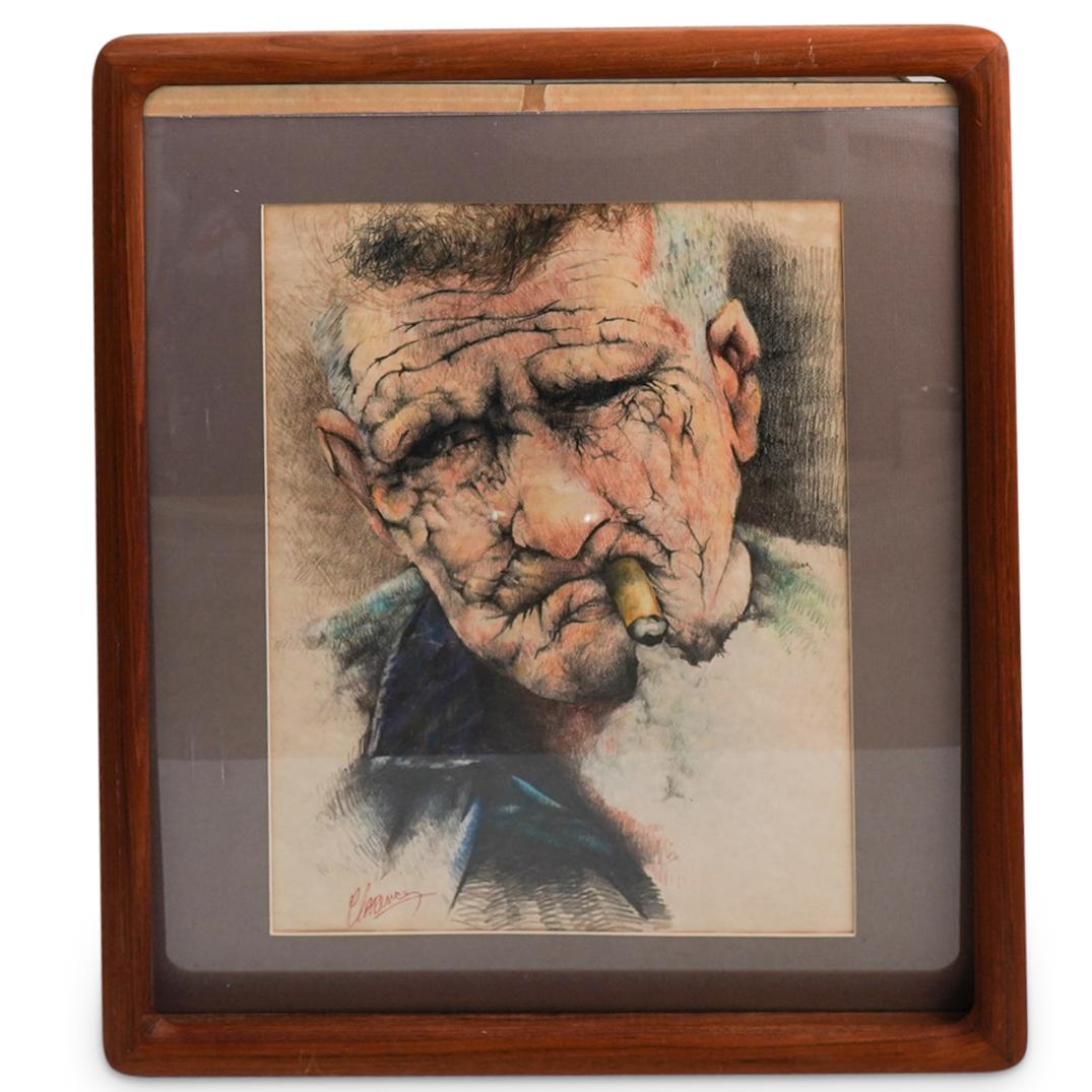 Clarence Glover Framed Portrait Illustration: DESCRIPTION: Signed Clarence Glover color pencil framed illustration depicting a portrait of an old man with cigar on his mouth. Signed lower left "Clarence". With Clarence Glover provenance informati