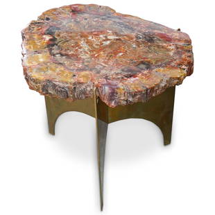 "Ado Chale" Style Natural Petrified Wood & Brass Side: DESCRIPTION: "Ado Chale" style Natural Petrified Wood and Brass Side Coffee Table. Luxe designed petrified wood coffee table, its top is a one of a kind piece of fossilised petrified wood, formed