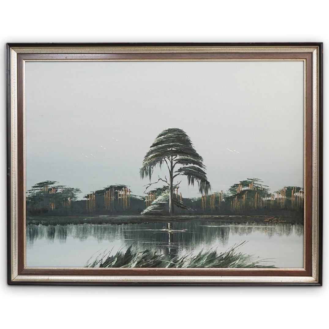 James Gibson, (1938-2017) Florida Highwaymen Painting: DESCRIPTION: (James Gibson, 1938-2017) Florida Highwaymen oil on board painting. Features a traditional Gibson scene with accenting birds in the distance. Signed middle right: "Gibson" mounted in a si