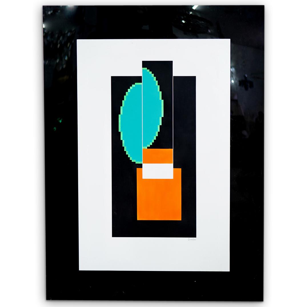 Leonard Janklow (American, 1919-2006) Mixed Media: DESCRIPTION: A Leonard Janklow Mixed Media painting composed of acrylic, features geometric designs, signed "Jankelow". Labeled along the back. CIRCA: 20th Cent. ORIGIN: USA DIMENSIONS: H: 60" W: 44"