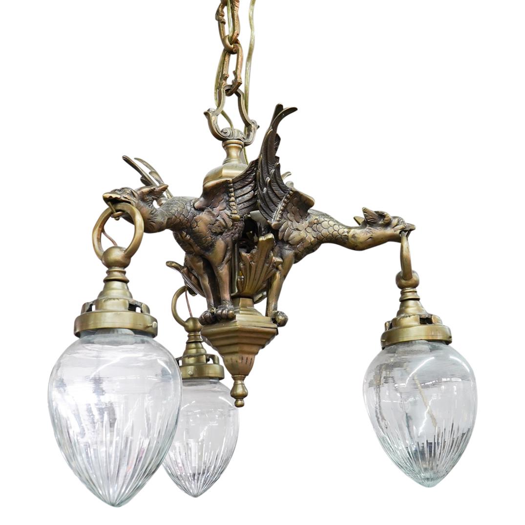 Bronze Figural Griffin Three Light Chandelier (1 of 5)
