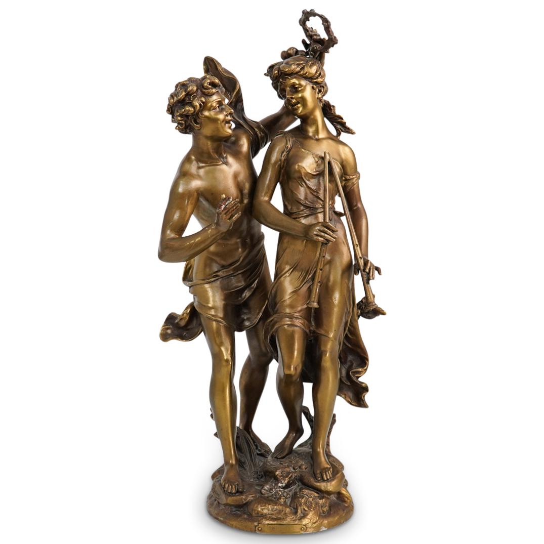 Emile Bruchon (French, 1806-1895) Bronze Sculpture: DESCRIPTION: Emile Bruchon (French, 1806-1895) gilded bronze statue depicting a female and male figure. Finished in a slight dore patina, signed on the lower left. With frontal bottom plaque "1st Prix