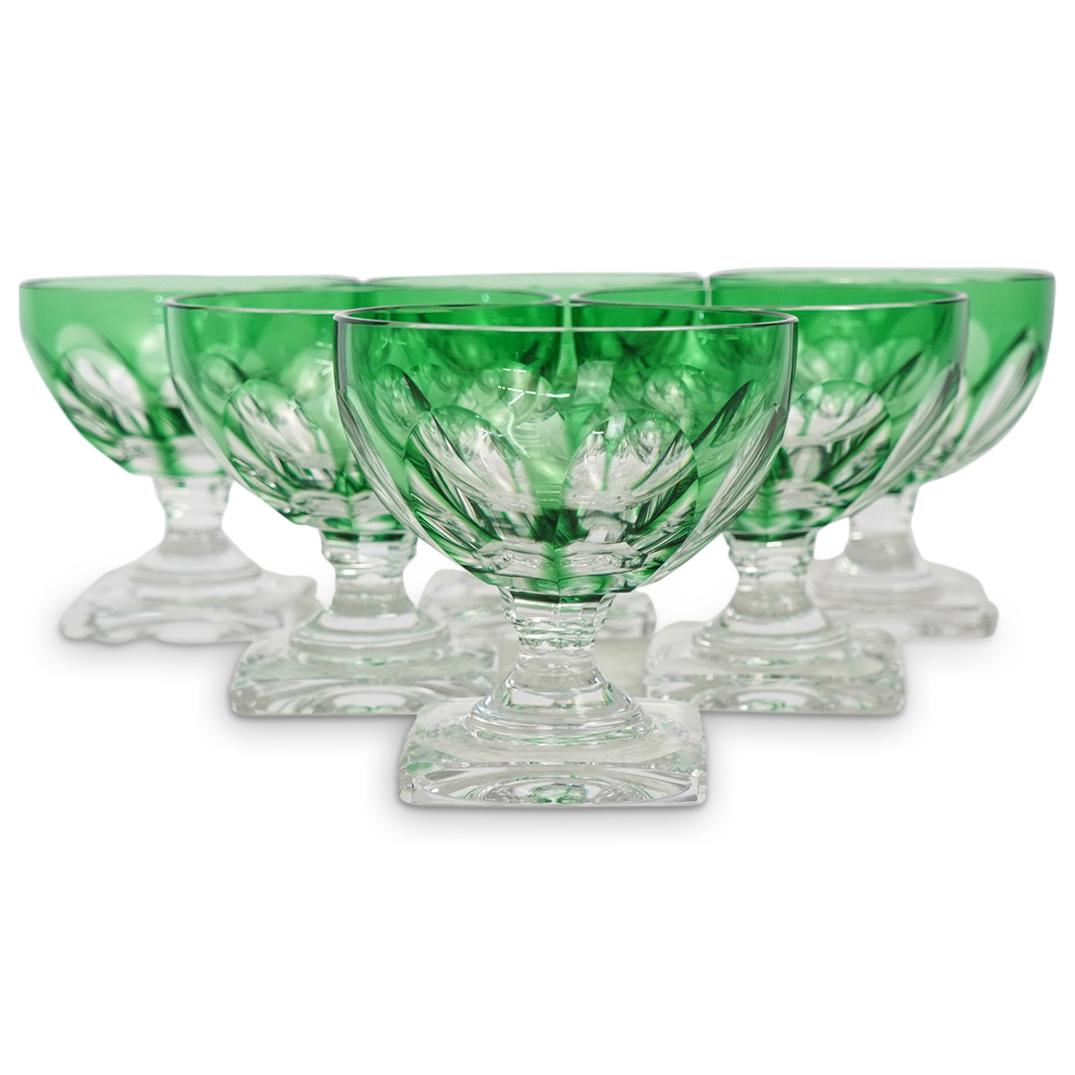 (6 Pc) Moser Green Glass Wine Goblets Set: DESCRIPTION: (6 Pc) Moser Bohemian Green Glass wine goblets grouping set. Glass on a square base made in the cut green to clear design. "Moser" mark on bottom. CIRCA: 20th Century. ORIGIN: Czech Repub