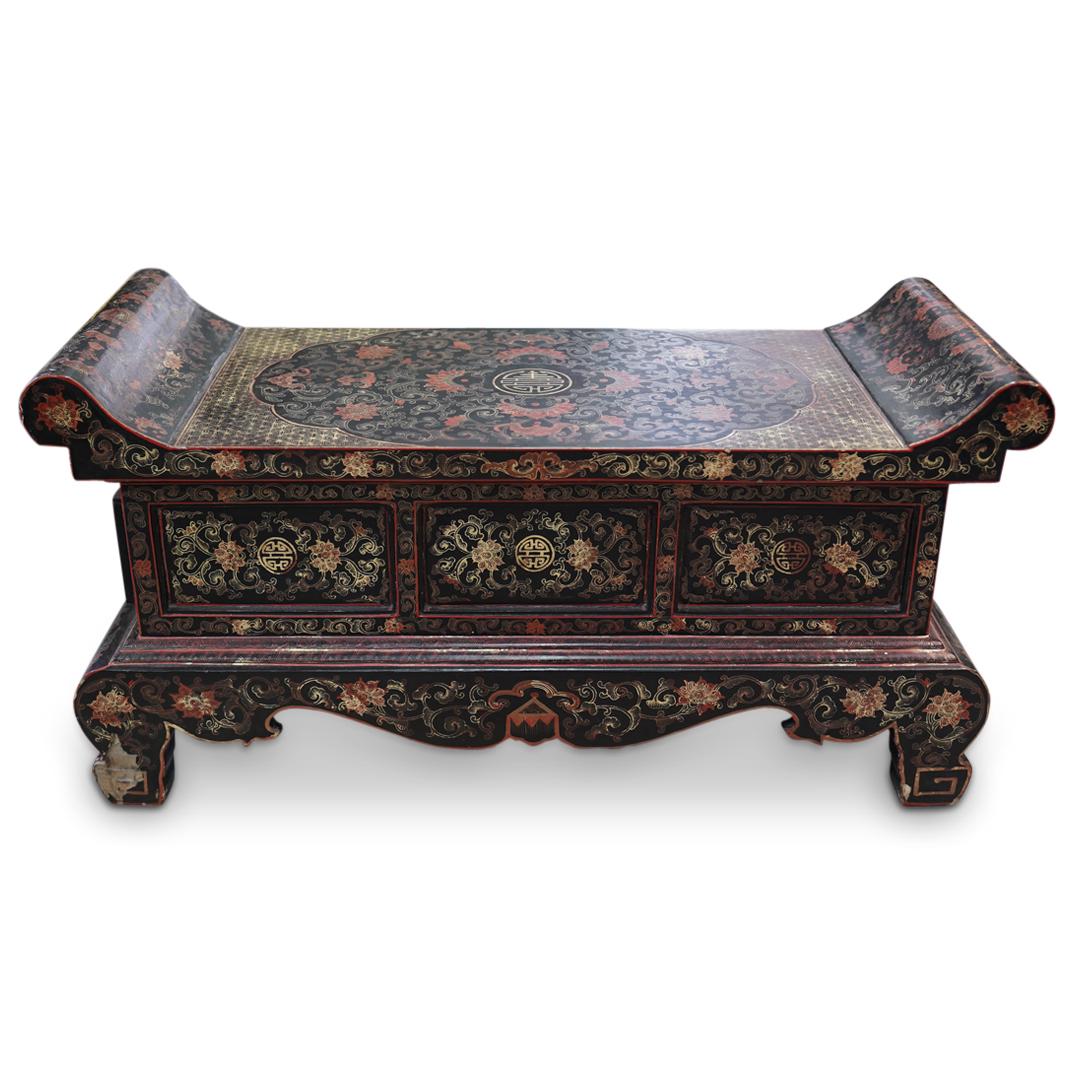 Chinese Lacquered Wood Meditation Table: DESCRIPTION: A Chinese Meditation Religious Table, Hand crafted with black lacquered wood, further decorated with floral motifs in red, green and yellow colors. Completed with Geometric patterns. CIRC