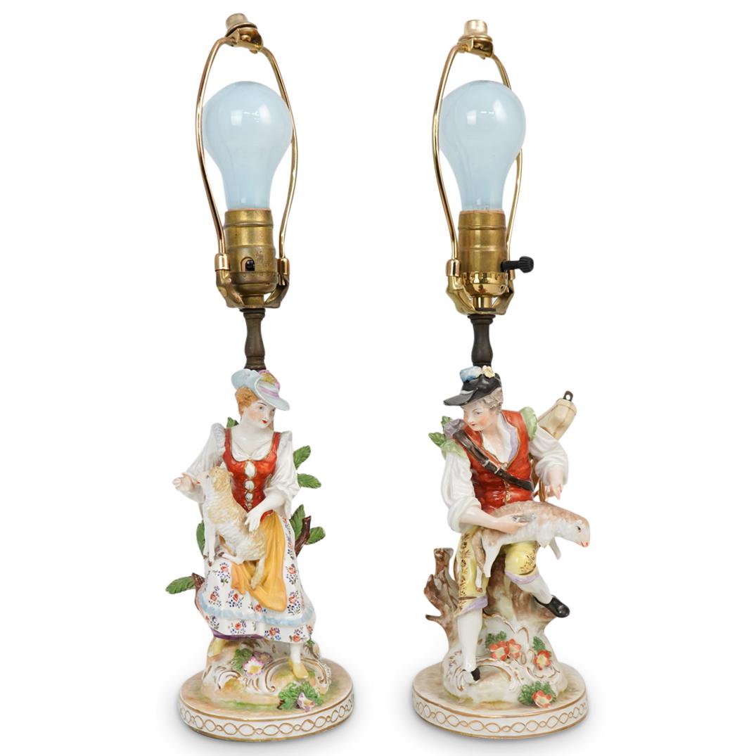 Pair of Dresden Porcelain Figurine Table Lamps (1 of 5)