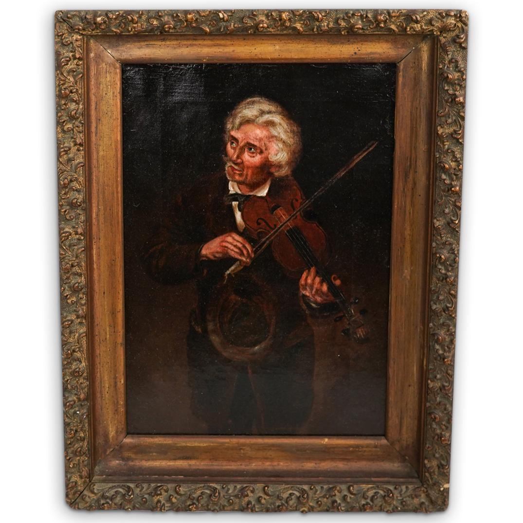 Antique Violinist Oil On Canvas: DESCRIPTION: An antique oil on canvas painting. Features the depiction of an older figure playing the violin. Mounted in an ornate scrolling detailed wood frame. CIRCA: 19th Cent. ORIGIN: Continental 