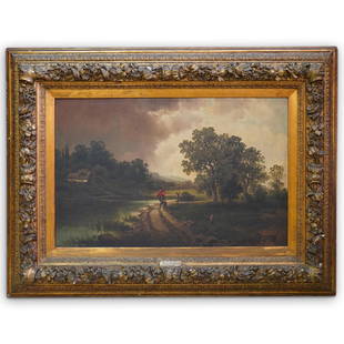 19th Cent. " F. Pisco" Oil Painting on Canvas: DESCRIPTION: Large Antique Oil Painting on canvas depicting a rural landscape with central figure holding an umbrella. Signed "F. Pisco". Framed with heavily ornate gilt frame. CIRCA: 19th Century. OR