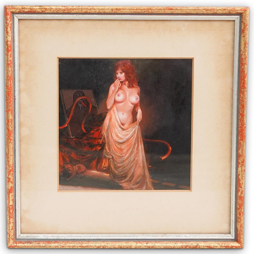 Martin Hoffman (B. 1935) Nude Oil Painting: DESCRIPTION: A Oil Painting by Martin Hoffman depicts a nude woman in an erotic pose, in a surreal setting. marked along the back "Martin Hoffman". CIRCA: Mid-Late 20th Cent. ORIGIN: USA DIMENSIONS: H