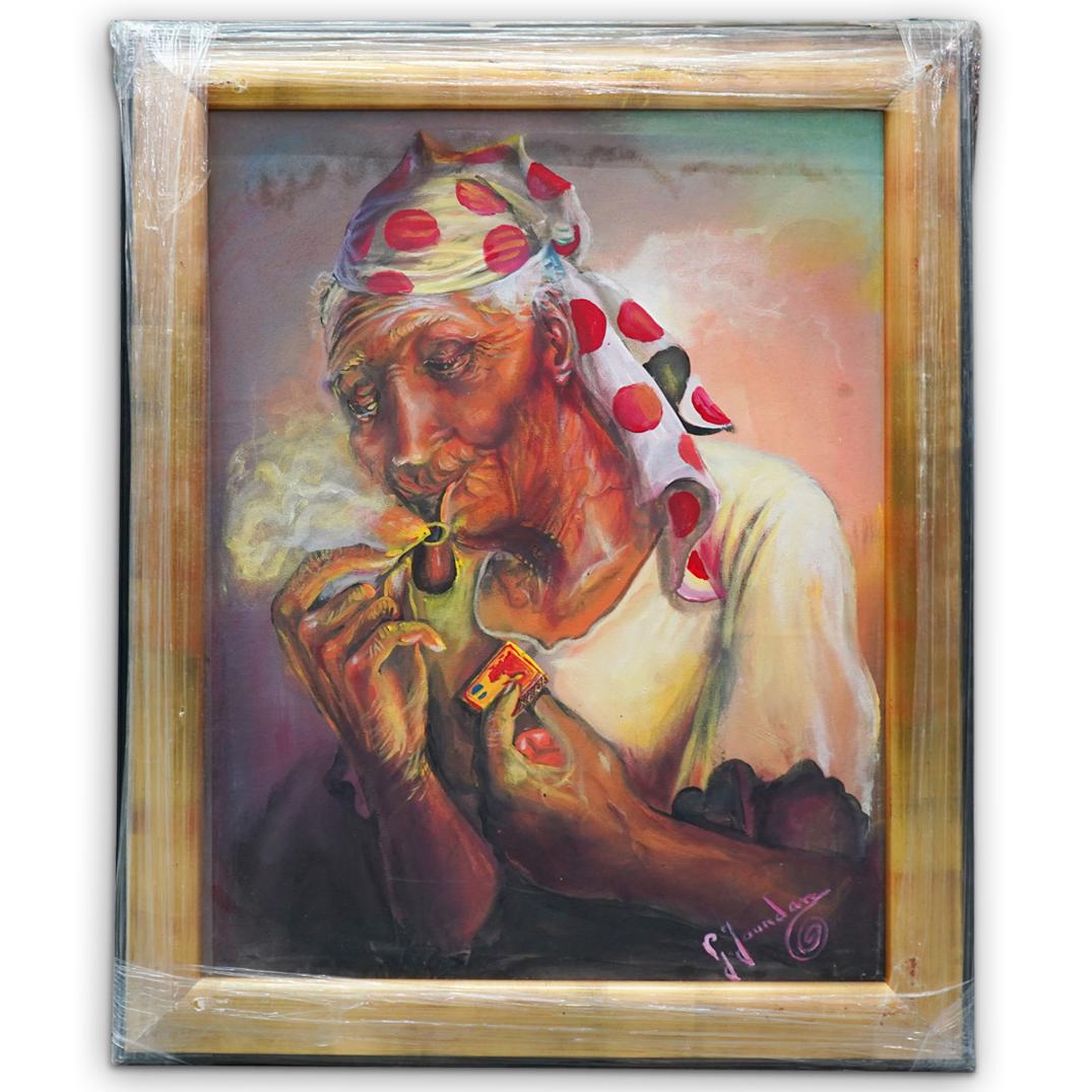 G. Jourdan (Haiti) Signed Acrylic Painting: DESCRIPTION: Framed G. Jourdan (Haiti) acrylic painting on board depicting an elderly lady lighting up her tobacco pipe. Signed "G.Jourdan" lower right. CIRCA: 20th Century. ORIGIN: Haiti. DIMENSIONS: