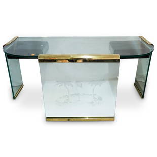 Leon Rosen For Pace Etched Glass Desk: DESCRIPTION: A Leon Rosen for Pace floating glass desk. Features a thick clear glass foundation with gold toned mounted hardware. Designed with two black acrylic pull out side by side drawers.