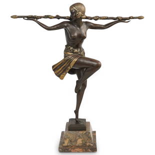 Pierre Le Faguays (1892-1962) "Dancer with Thyrsus": DESCRIPTION: Pierre Le Faguays figural bronze statue titled: "Dancer With Thyrsus" features a topless female dancer with parcel gilt accents. Signed "Pierre Le Faguays" and mounted to a tiered marble