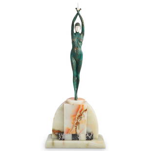 Demetre Chiparus (Romanian,1886-1947) "Starfish" Bronze: DESCRIPTION: After Chiparus bronze sculpture titled: "Starfish" depicting a dancer with arms raised upward and crossed, further embellished with cold painted details and fitted atop an art deco