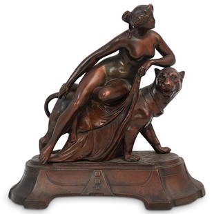After Johann Heinrich von Dannecker (German, 1758-1841): DESCRIPTION: An After Johann Heinrich von Dannecker (German, 1758-1841) bronze statue featuring "Ariadne on the panther" finished with a dark patina and mounted to an Art Deco formed base. CIRCA: