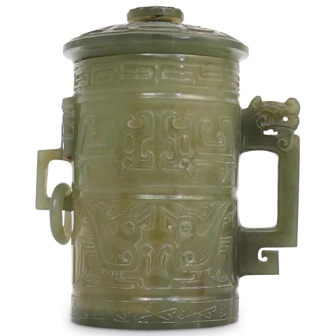 Chinese Archaic Style Carved Jade Lidded Cup (1 of 8)