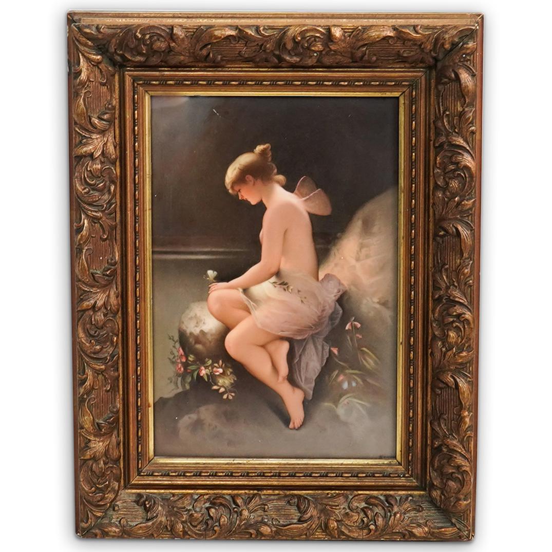 KPM Wagner "Fairy" Porcelain Painted Plaque: DESCRIPTION: A KPM plaque painted by Wagner titled "Fairy", depicting a seated nude fairy with a white dress. Signed along the bottom right "Wagner". Further impressed along the back "KPM" "237-158".