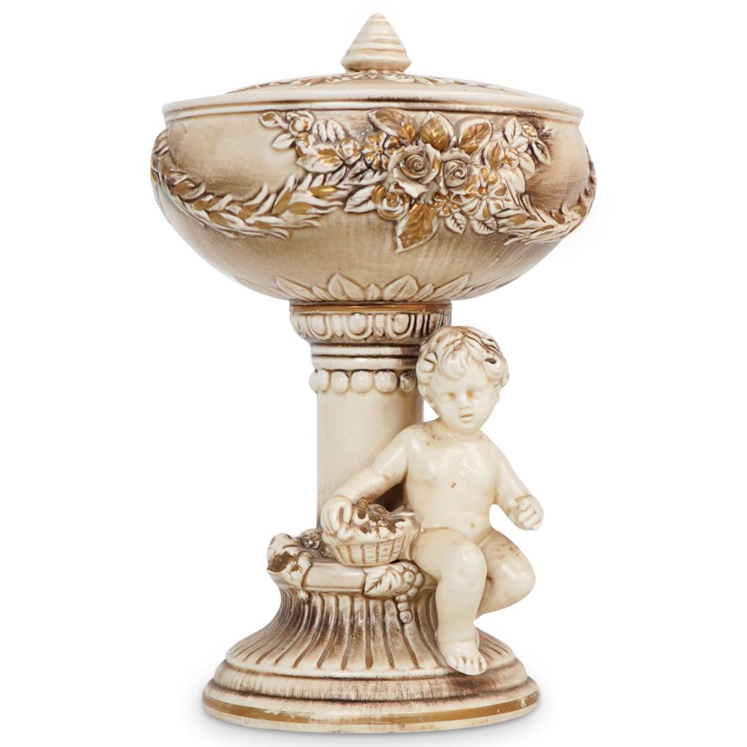Lefton Porcelain Cherubs Lidded Footed Bowl: DESCRIPTION: Lefton Porcelain Cherubs Lidded Centerpiece Footed Bowl.This is a vintage "Italian Baroque" style candy dish by "Lefton." Off white porcelain with hand painted gold accent details. Marked