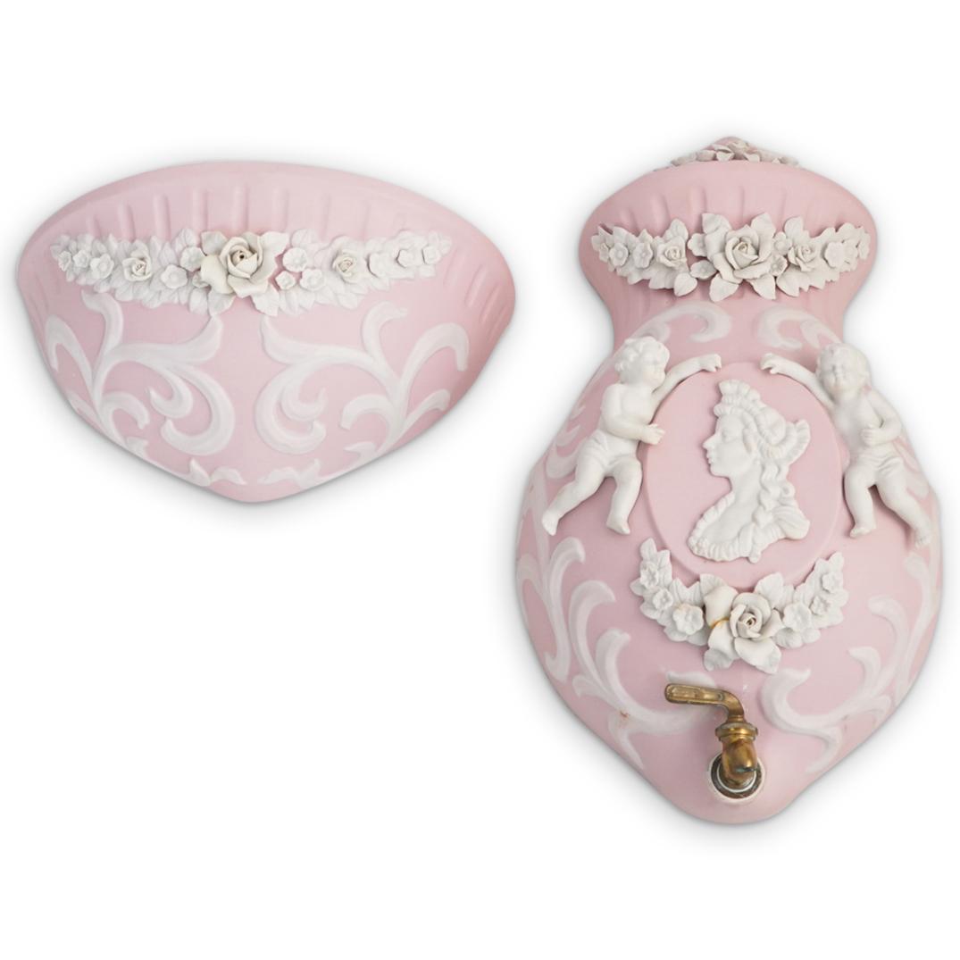 (2 Pc) Jasperware Pink and White Bisque Porcelain Set (1 of 3)