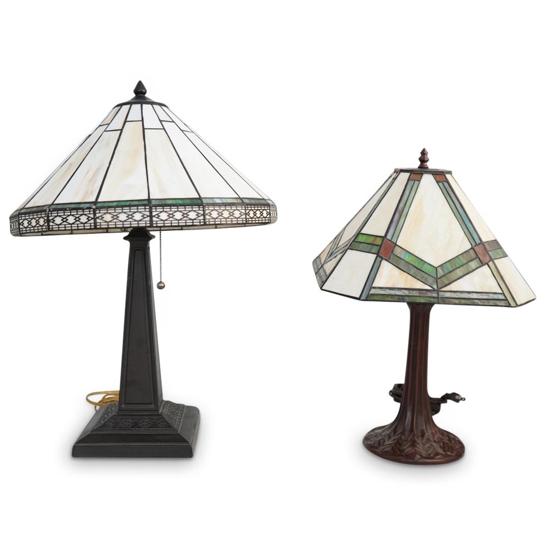 (2 Pc) Tiffany Style Slag Glass Bronze Lamps (1 of 5)