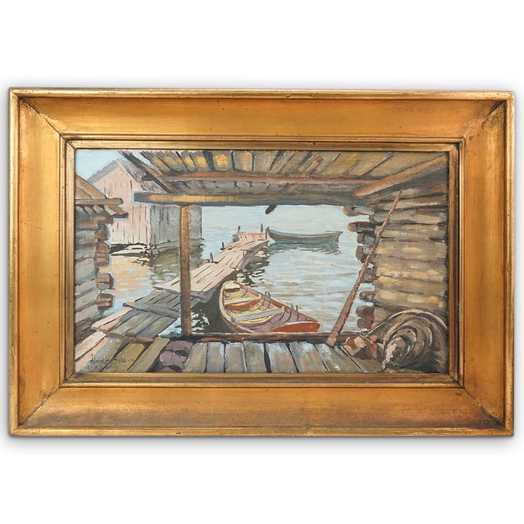 Erik Juselius (Finnish, 1891-1948) Oil On Canvas: DESCRIPTION: Erik Juselius antique oil on canvas painting. Features a shore view from Aland, with boats docked. Signed and dated "Aland-Seta, 36, Erik Juselius" lower left. Mounted in a gold leaf wood