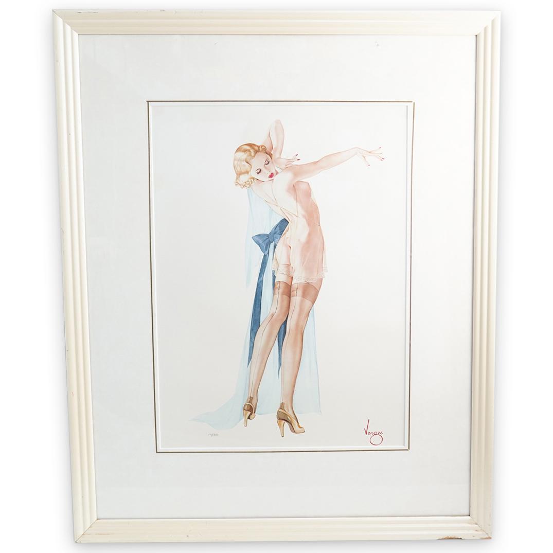 Alberto Vargas (Peruvian/American, 1896-1982) Erotic: DESCRIPTION: Alberto Vargas (Peruvian/American) Lithograph in colors on arches paper. Features an erotic female figure portrayed in a pin up style position. Pencil numbered "171/300" lower right, sign