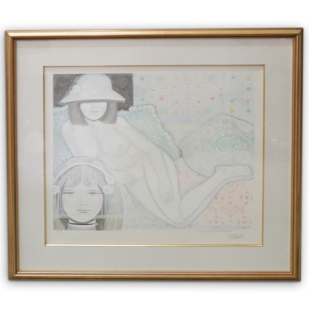 Virgilio Trompiz (Venezuela, 1927-2012) Lithograph: DESCRIPTION: A Virgilio Trompiz lithograph depicts a nude woman laying across a bed, signed along the bottom right and dated "84" and "P/A" CIRCA: 1984 ORIGIN: Venezuela DIMENSIONS: H: 34" W: 37" COND