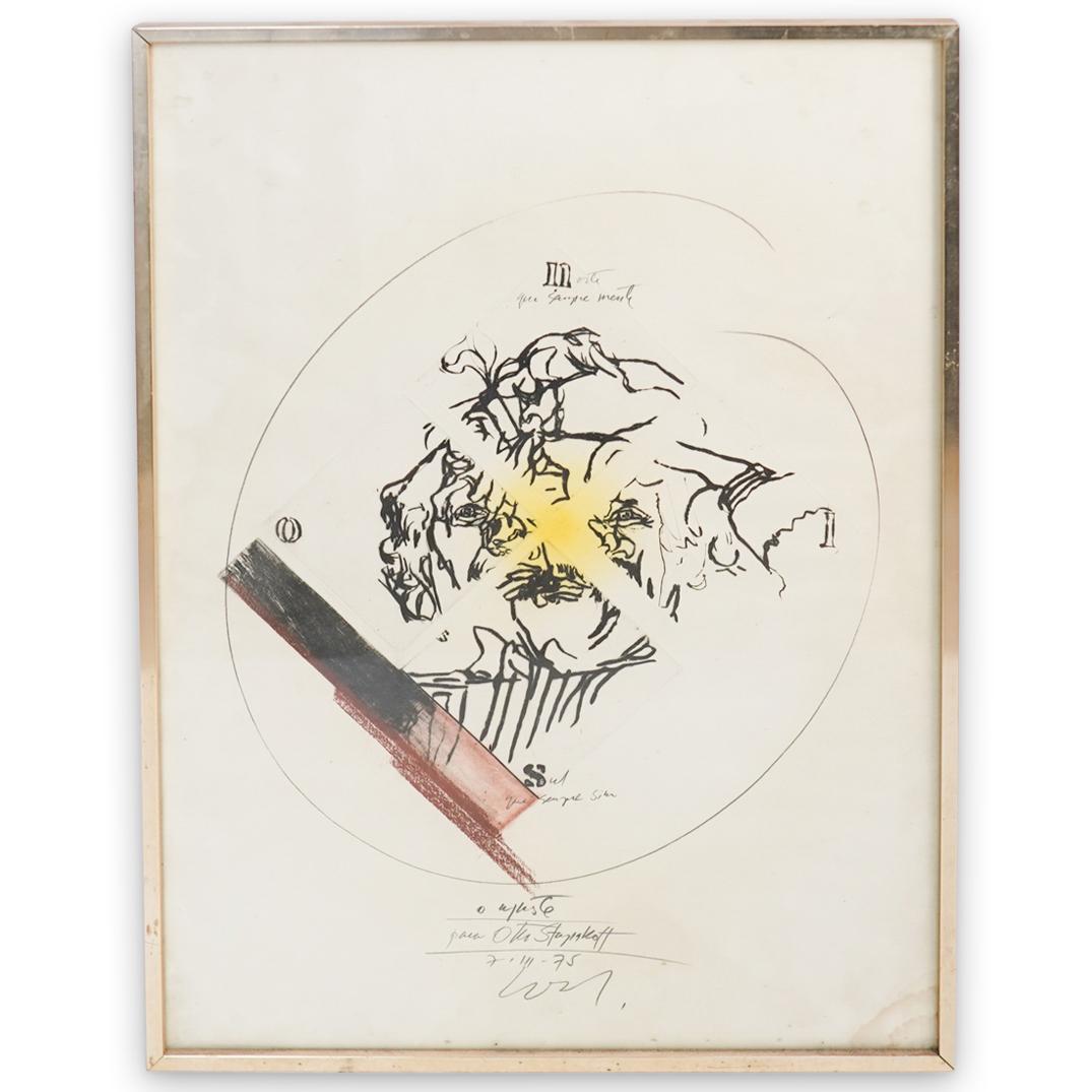Wesley Duke Lee (Brazil, b 1931-2010) Woodblock: DESCRIPTION: Wesley Duke Lee (Brazil) Woodblock print featuring an abstract imagery with center yellow tint. Pencil signed and dated lower middle: "1.11.75, Wesley Duke lee" CIRCA: 1975 ORIGIN: Brazil