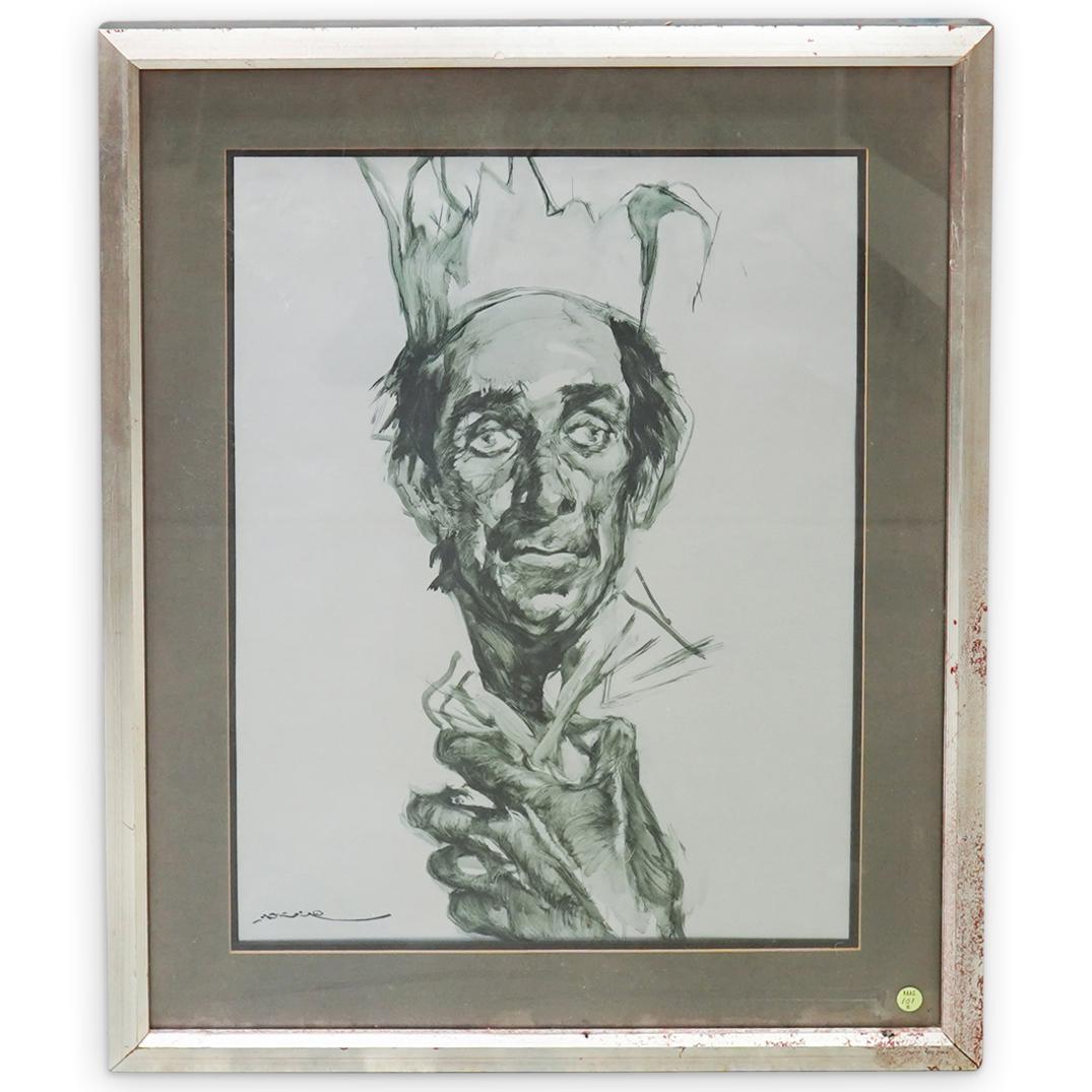 Manuel Monedero (Spanish, 1925-2002) Ink Wash Painting: DESCRIPTION: A Ink wash over me silver metallic painting by Spanish artist Manuel Monedero depicts a portrait of a Jester, signed along the bottom right, completed in a silvered frame. CIRCA: 20th Cen
