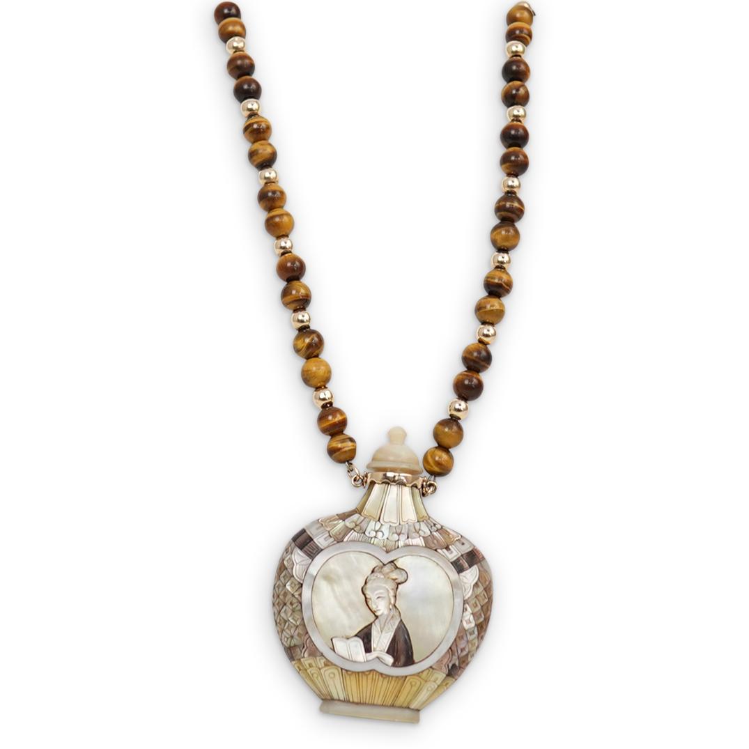 14K Gold & Tiger Eye Necklace w/ Snuff Bottle Pendant (1 of 5)