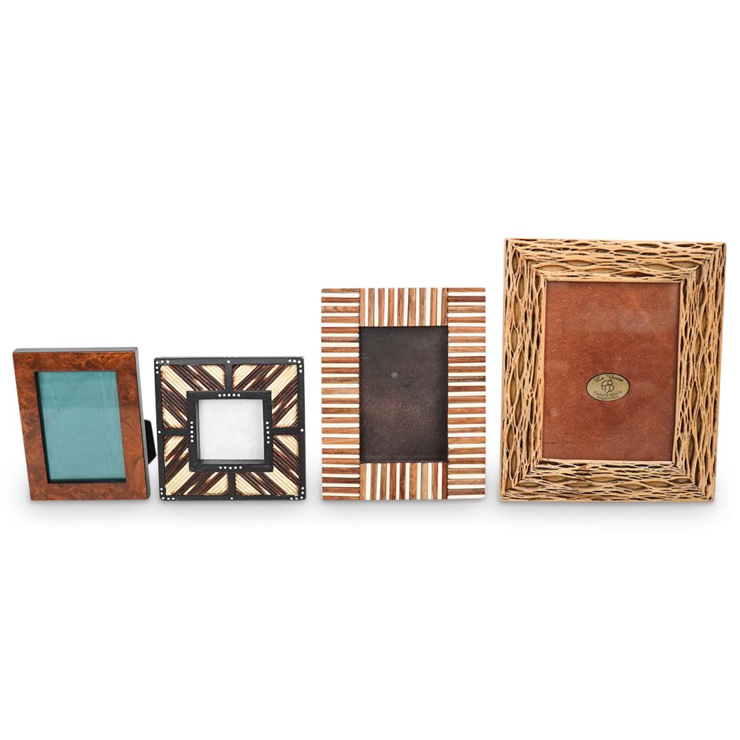 (4 Pc) Group Of Exotic Frames: DESCRIPTION: A Group of exotic picture frames includes the following: (1) Burl wood picture frame 6.25" x 4.5" (1) Porcupine needle and wood frame 5.75" x 5.75" (1) Segmented wood and bone frame 8.25"
