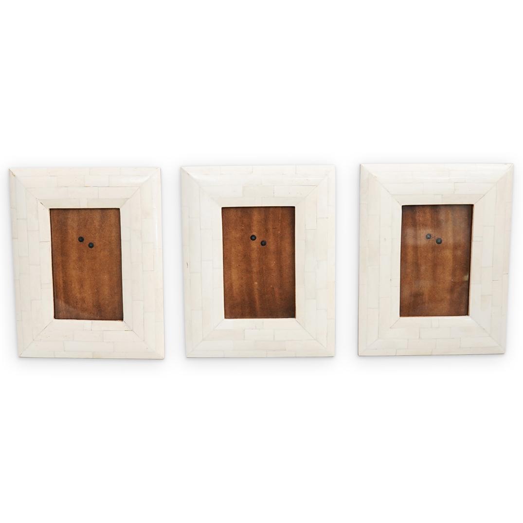 (3 Pc) Continental Carved Bone Picture Frames: DESCRIPTION: A Three piece group of identical carved bone picture frames decorated with multiple bone segmented inserts, completed with a wood backing and stand. CIRCA: 20th Cent. ORIGIN: Continental 